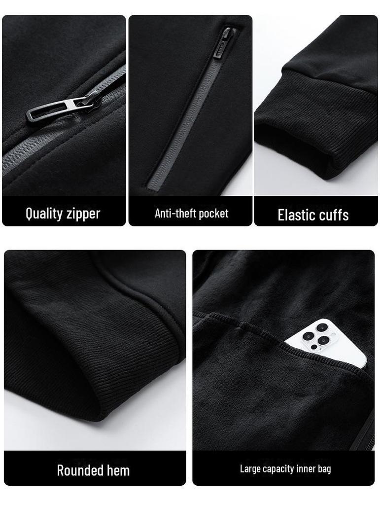 Men's Solid Color Stand Collar Cardigan Sweater with Velvet, Customizable Logo, Spring/Autumn Casual Sports Jacket.