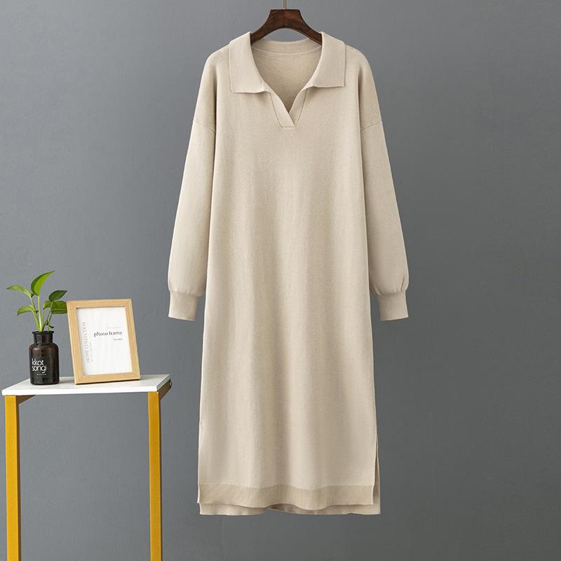 Autumn and Winter Women's Sweater Dress Polo Neck Bottom Knitting Long Dress Loose Plus Size Solid Colour Dresses