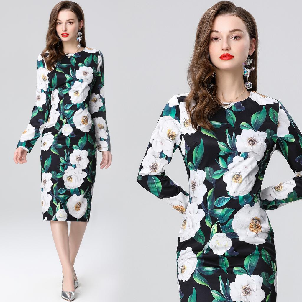 Spring Summer Women Fashion Elegant Full Sleeve Flower Print Slim Bodycon Office Work Pencil Dresses