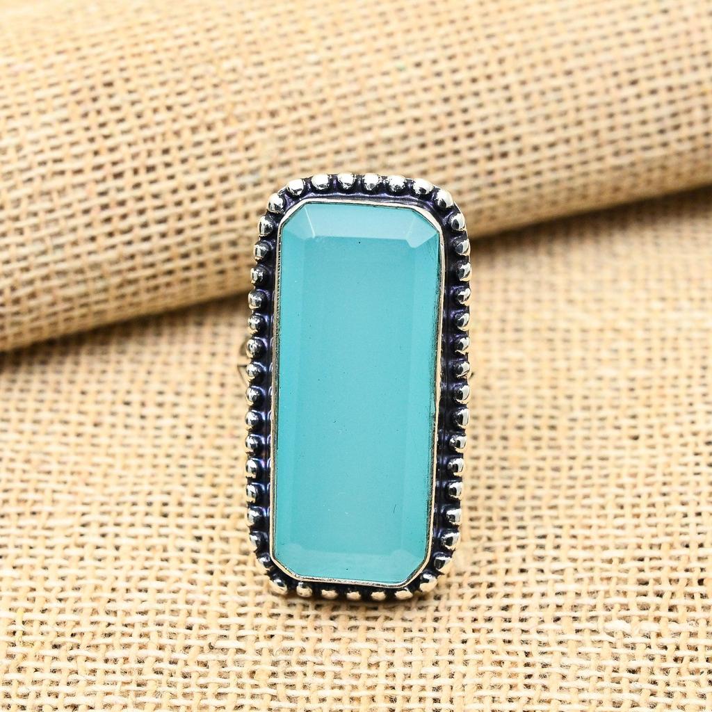 Потрясающее кольцо из стерлингового серебра 925 пробы с синим халцедоном и драгоценным камнем ручной работы для любви