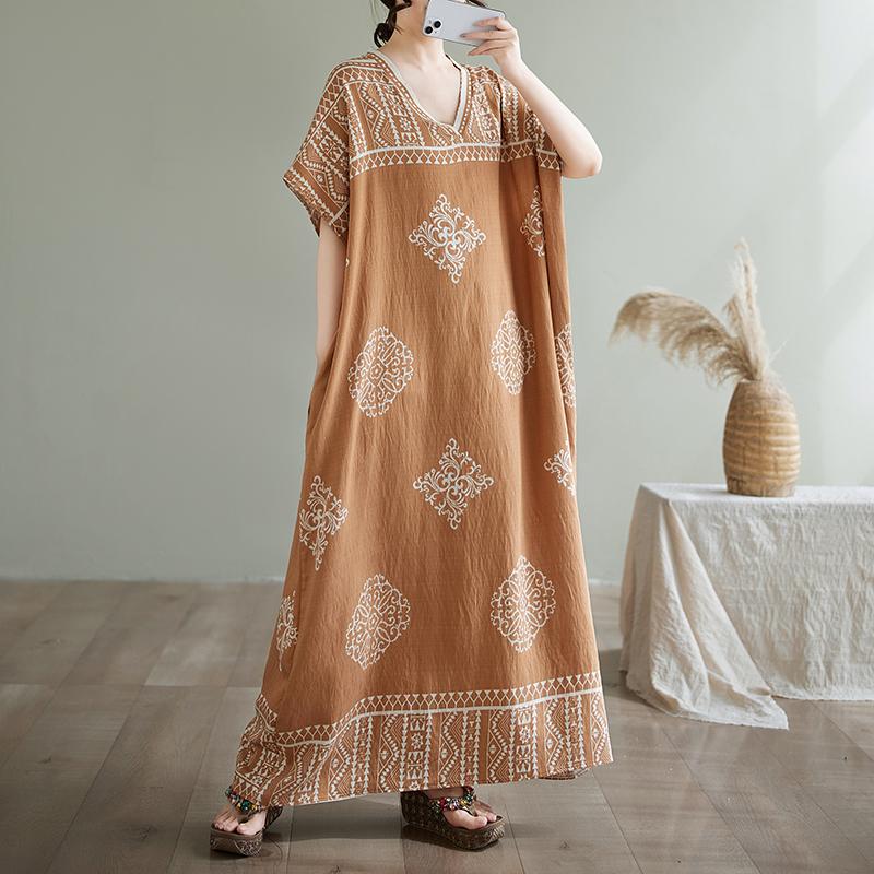 DIMANAF 2025 Летнее платье больших размеров для женщин, повседневное винтажное хлопковое платье с базовым принтом, длинное платье с V-образным вырезом свободного кроя