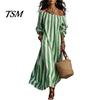 Lightweight Women Dress Summer Striped Long Dress, Off Shoulder Sleeve Casual Loose Swing Ankle Length with Side Pocket Polyester