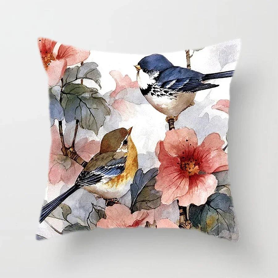 Cute Bird And Flower Pattern Double-Sided Printed Pillow Cover Short Plush Suitable Living Rooms Bedrooms Throw Cushion Cover