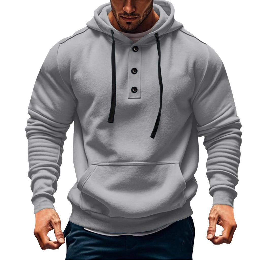 Mens  Hoodies Vintage Casual Quarter Button Up Hooded Workout Sweatshirts Fall Winter Pullover Hoody