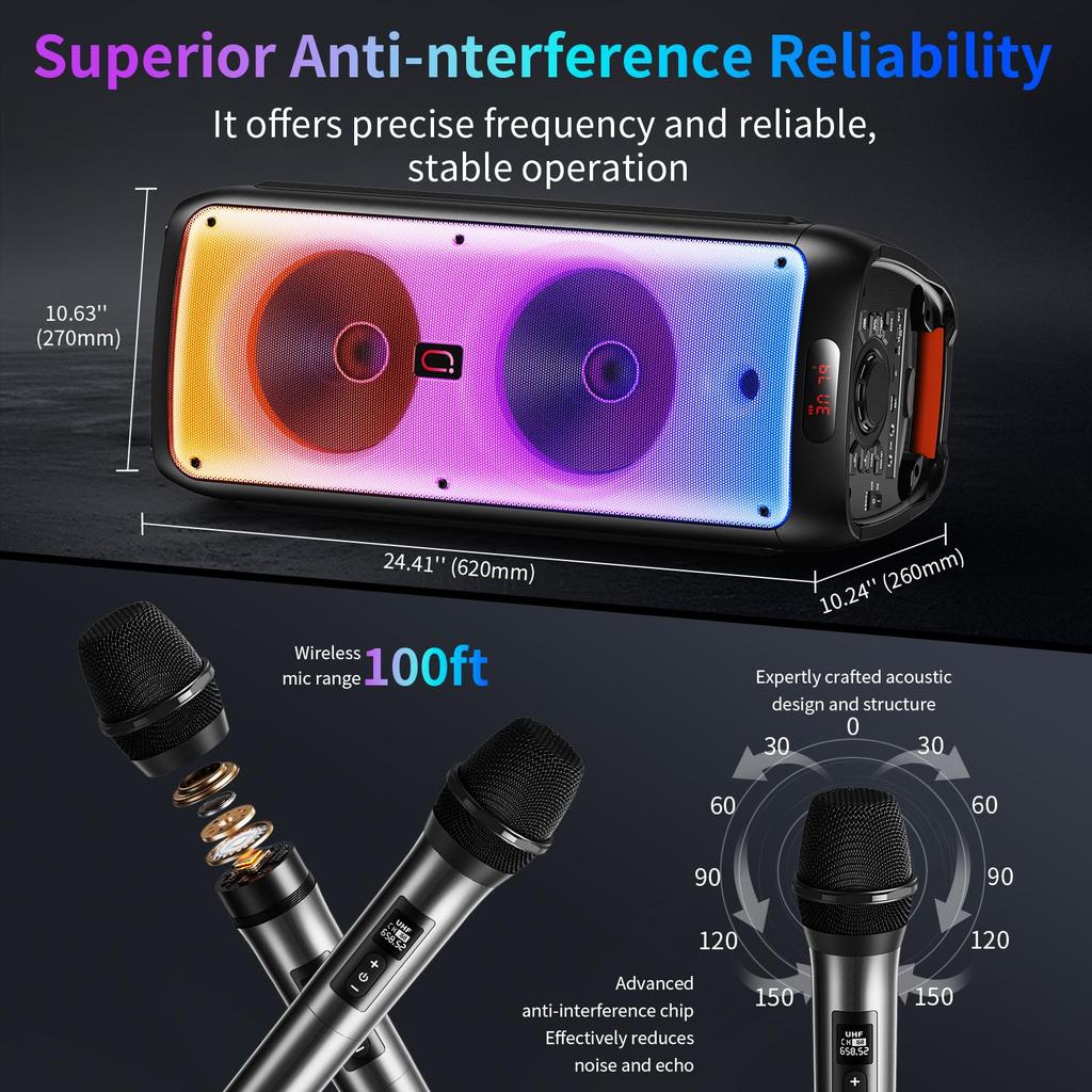 Большая Bluetooth-колонка T38, Беспроводная колонка на колесах и с ручкой, Караоке-машина с двумя микрофонами с TWS