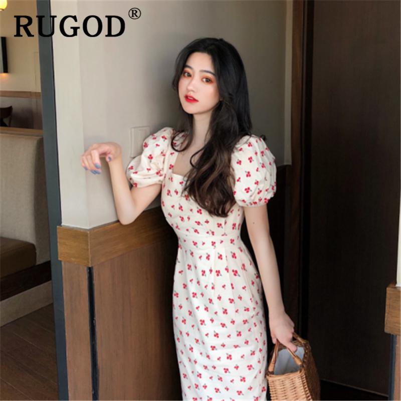 RUGOD винтажное длинное платье с рукавами-фонариками и принтом, элегантное тонкое платье макси с рюшами и квадратными рукавами, Vestidos Vestidos De Fiesta De Noche