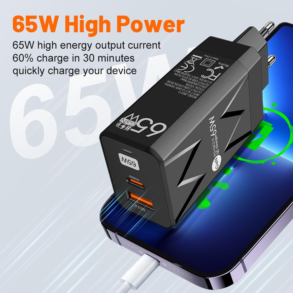 PD Fast Charging 65W GaN Type C QC 3.0 Quick Charger Wall Adapter For iPhone iPad Xiaomi Samsung EU/US/KR Plug