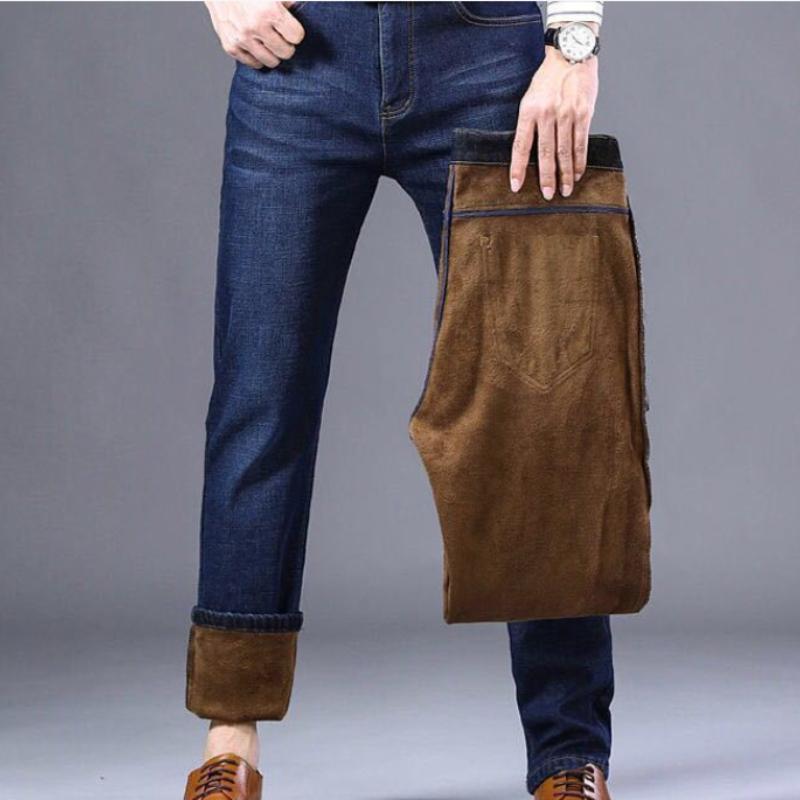 Мужские зимние теплые джинсы больших размеров, деловые повседневные прямые свободные брюки, мужские брендовые брюки