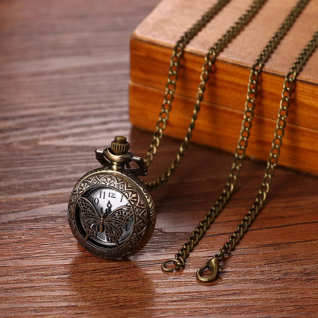 Pocket Watch Butterfly Analog Antique Pocket Watch Pendant Watch Necklace Chain Bronze Birthday Anniversary Christmas Valentine White Day Present