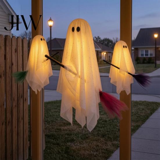 Decorative Ghost for Trees 3 Pcs Halloween Decorations, Spooky Hanging with Broom, Outdoor Seasonal Party Supplies Large Flying White Tree Porch Yard