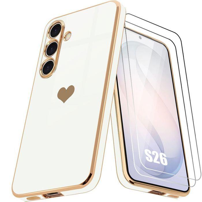 Coque Silicone - BOOLING - pour Samsung Galaxy S26 - Motif Cœur Anti-Rayure Blanc - 2 Verres Trempés