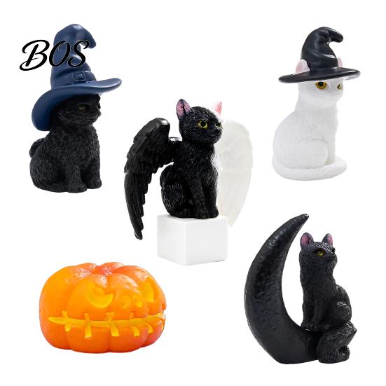 Witch Hat Cat Decor Halloween Figurine, Resin Hat/Moon/Pumpkin/Skull Statue Cute Spooky Sculpture for Tabletop, Mantel, Shelf, Desk Black And