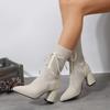 Обувь для женщин Ботинки с острым носком на толстом каблуке Ботинки-носки со шнуровкой Ботинки-носки женские Большие размеры Нескользящие Ботинки для банкетных женщин Botas De Mujer