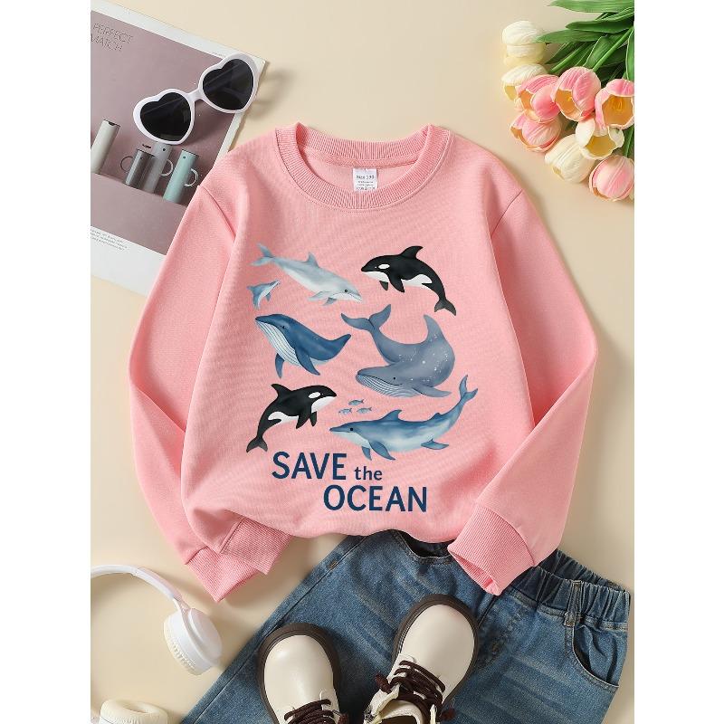 Girls' Crewneck Sweatshirt Whales Dolphins Fish Ocean Save Life Machine Washable, Spring And Autumn, Sportswear And Casual Wear
