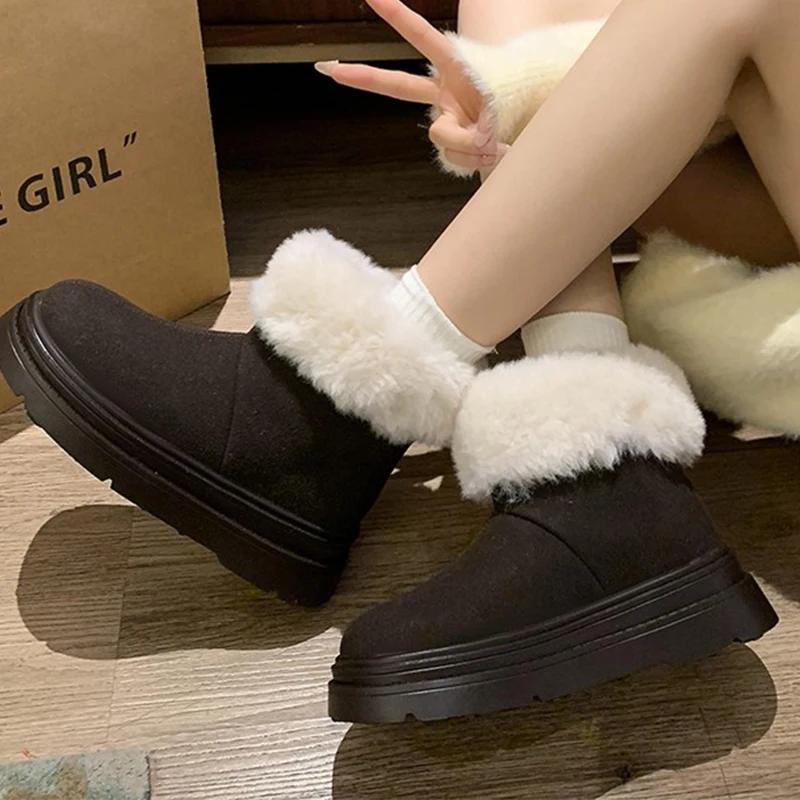 Ботильоны женские на меховой платформе, замшевые туфли на плоской подошве, женская обувь 2025 года, модный бренд, короткие, плюшевые, удобные, теплые, женские, зимние ботинки