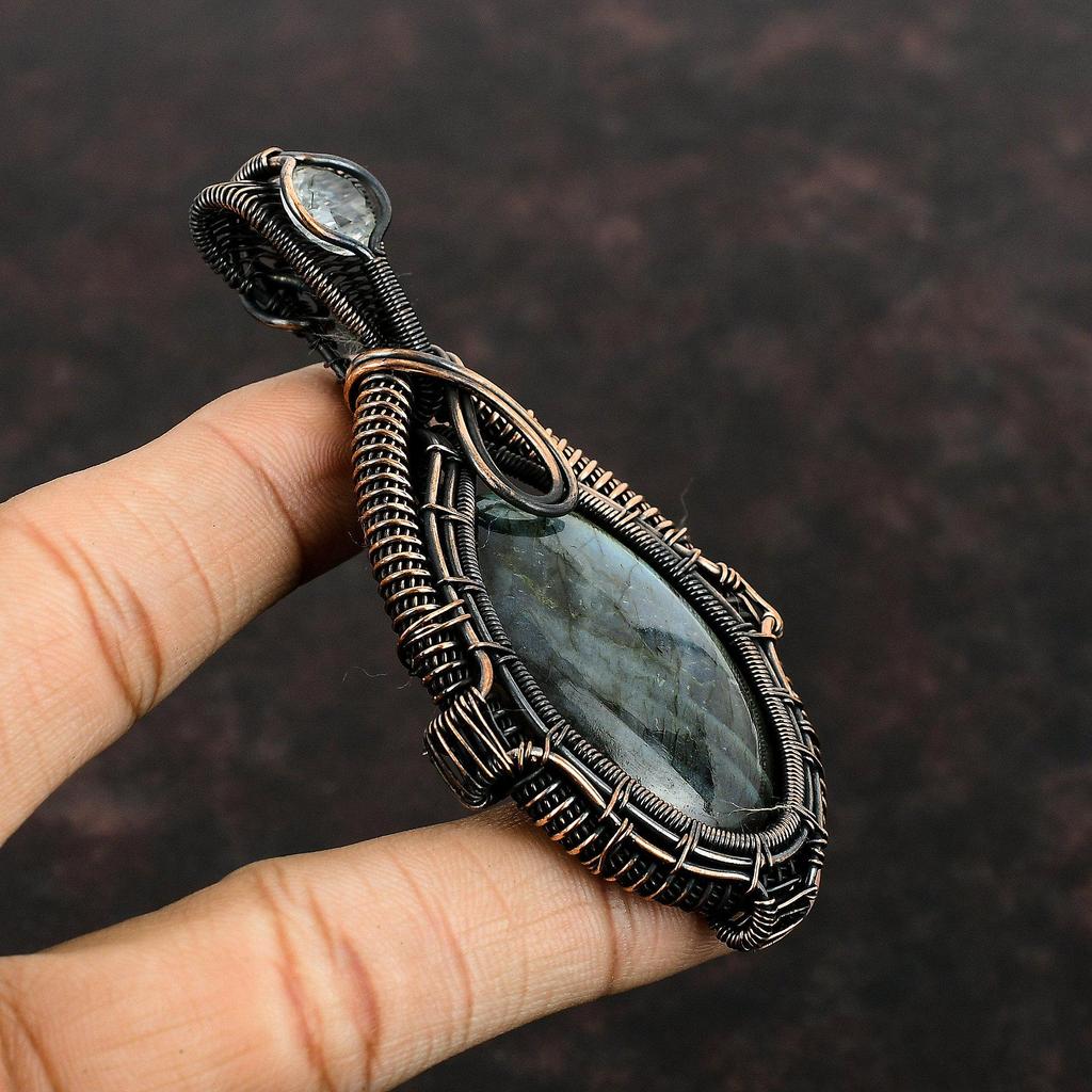 Кулон из лабрадорита, обернутый медной проволокой, Кулон ручной работы, Кулон с белым топазом, Украшение из медной проволоки, Подарок для нее, для мамы