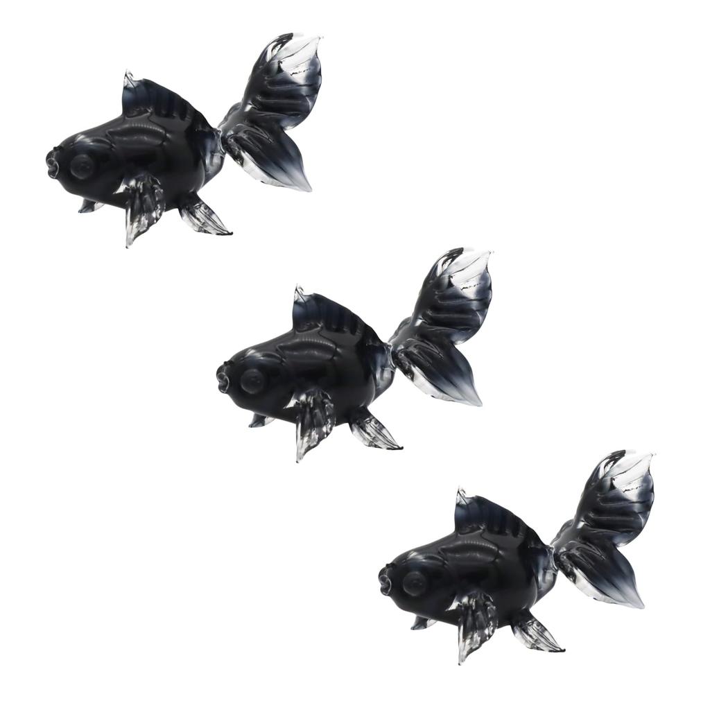 Four Cart Cute Handmade Glass Crafts, Black Goldfish, Set of 3