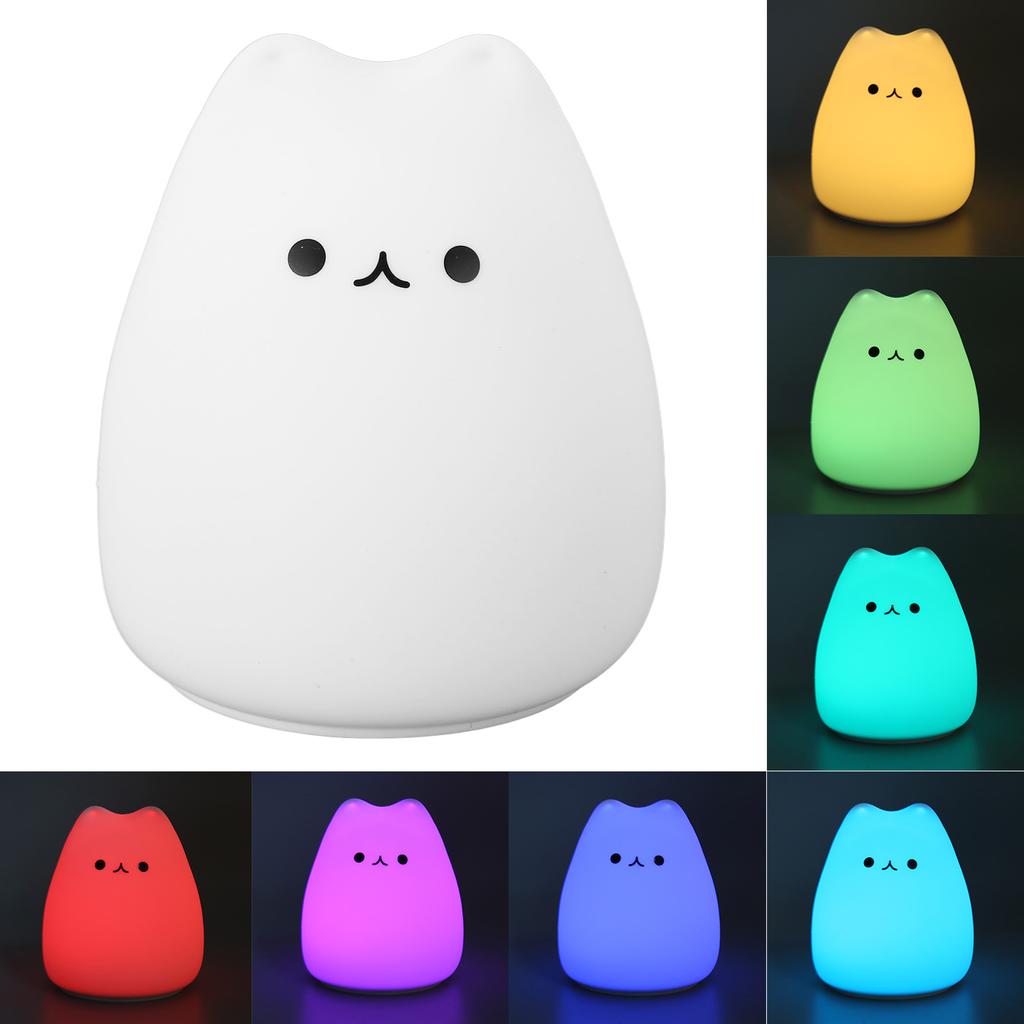Silicone Night Light Cute Cat Shape Soft Kids Nursery Night Light with Warm White and 7 Color B