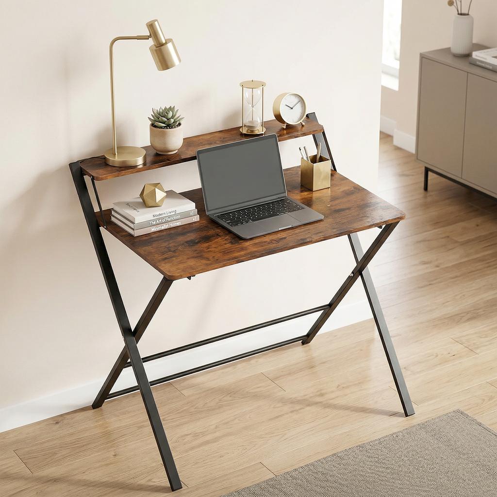 Compact Folding Desk For Small Spaces With Storage Shelf For Home Office Rustic Brown