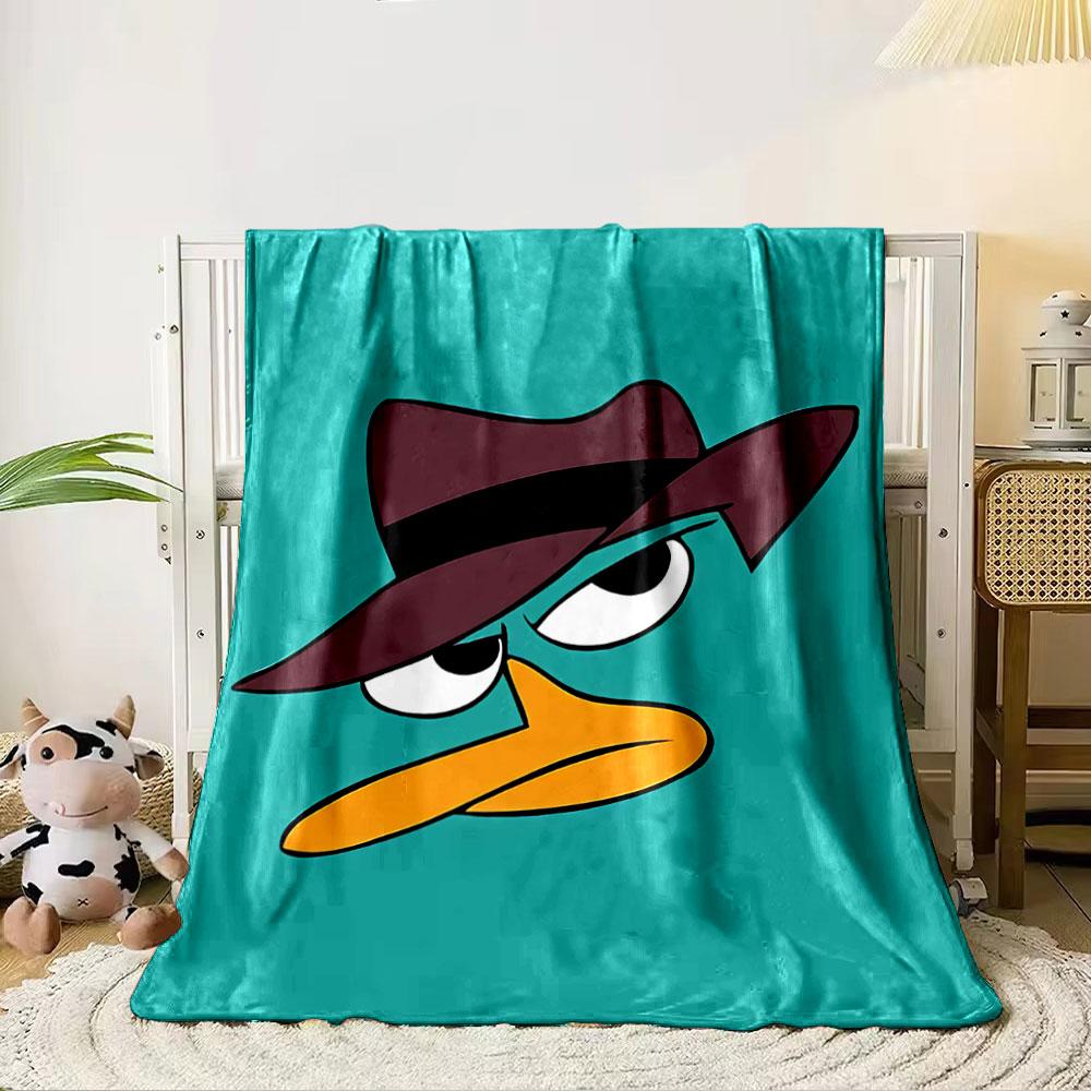 A cartoon duck face wearing a brown hat with a focused expression. for all seasons blanket lunch break throw gift