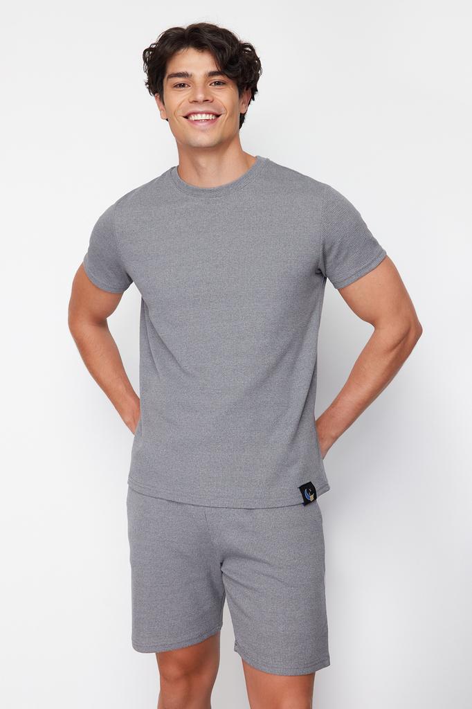 Men's Fashion New Pajama Set Indigo Regular Fit Waffle Knitted Pajama Set with Shorts