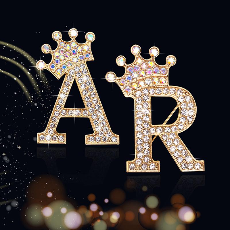 Fashion Crown 26 Initial Letters A To Z Crystal Rhinestone Brooch Pins Women