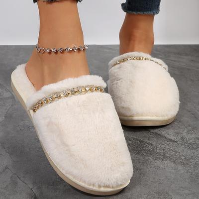Модные блестящие хрустальные пушистые домашние тапочки для женщин Зима 2025 Домашние уютные теплые меховые тапочки Женские плоские нескользящие плюшевые домашние шлепанцы