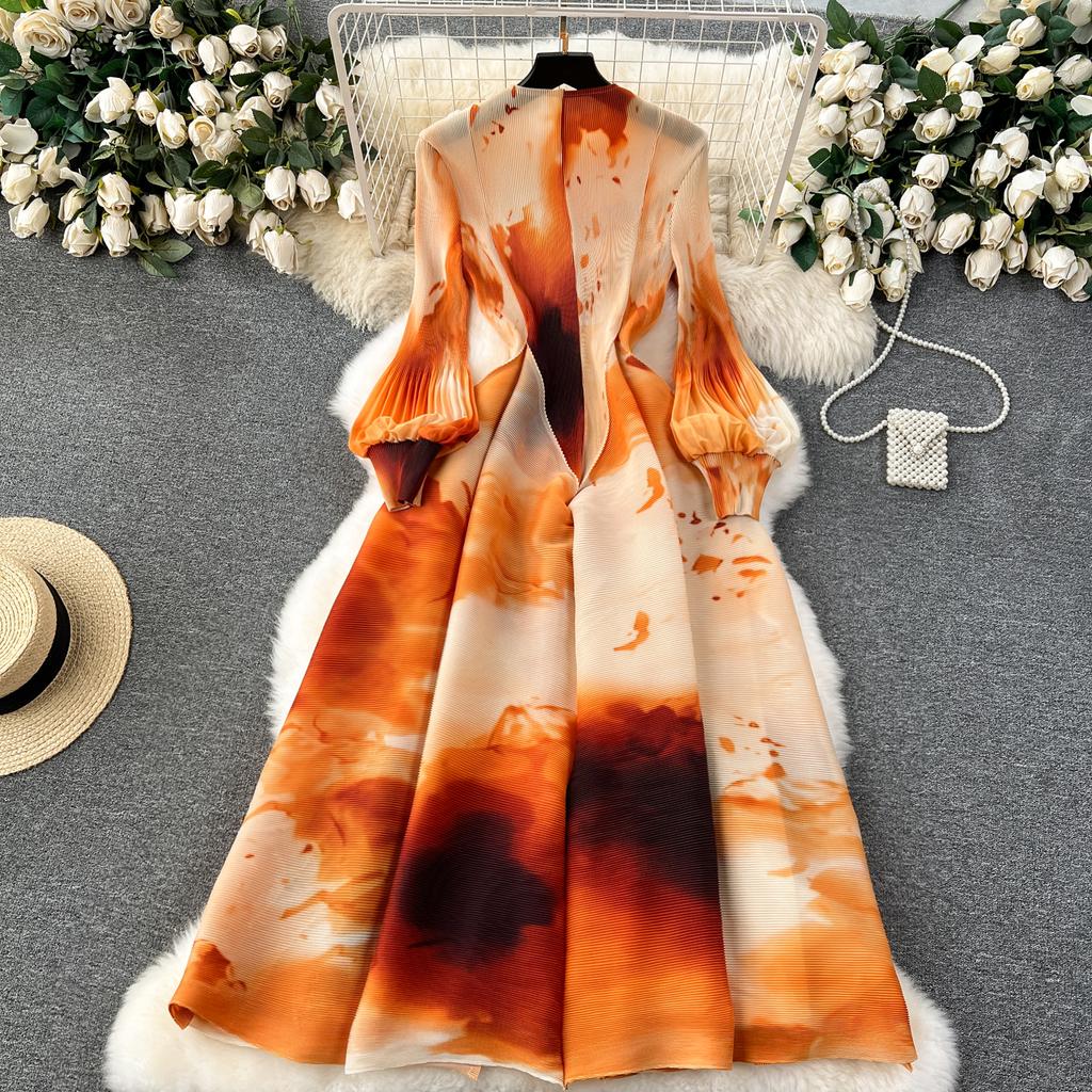 French Senior Temperament Luxury Dress Ladies 2024 Newest O-Neck Ruched Print Tie Dye Design Fashion Chic Long Dress