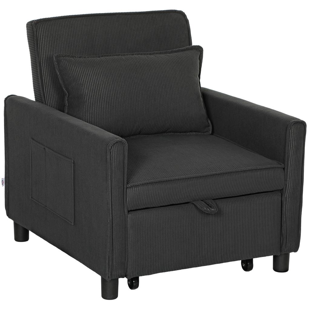Reclining Sofa Bed Armchair with Side Pockets, in Velvet-Effect Fabric, 74x84x81 cm, Dark Grey