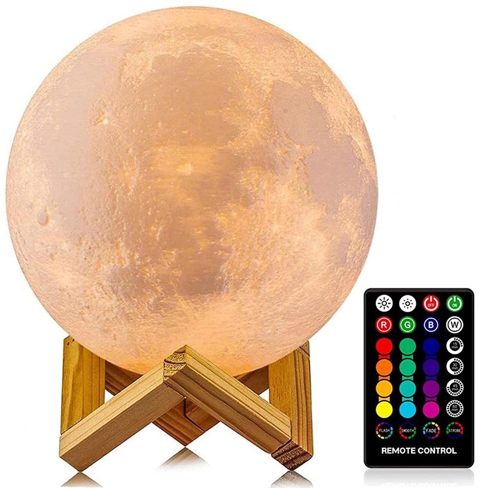 16 Colors LED 3D Moon Lamp Wodden Stand USB Charge Night Light