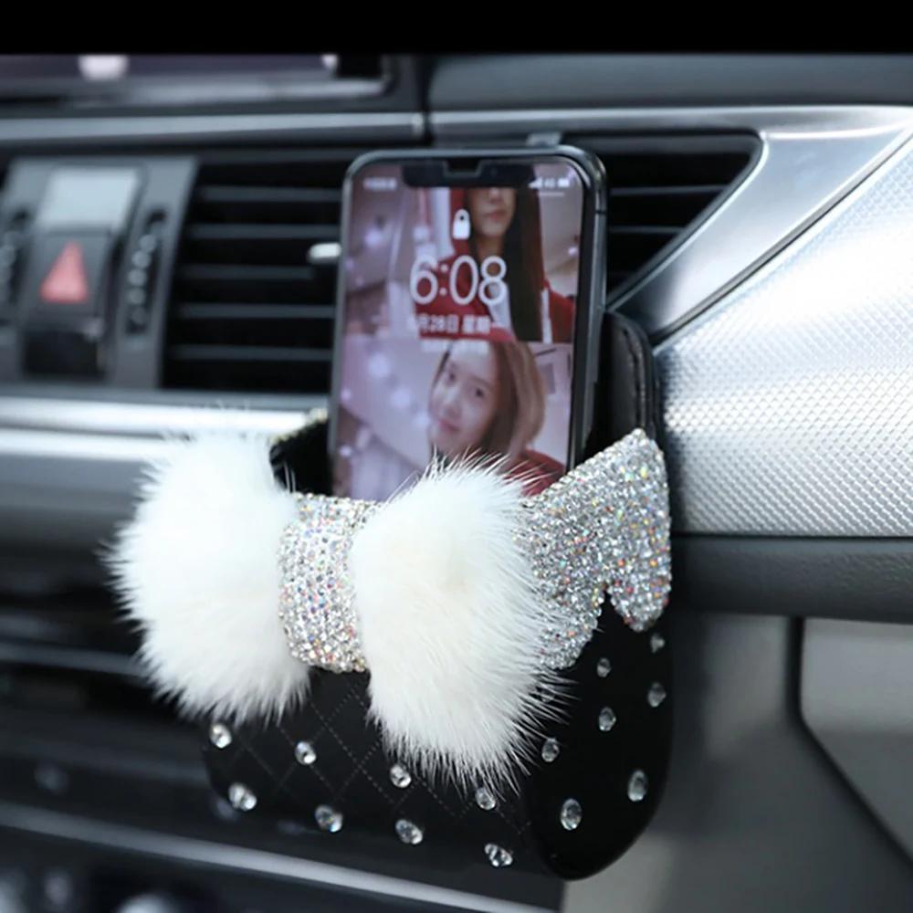 Diamond Crystal Bowknot Portable Car Vent Storage Box Bag Auto Vent Mount Holder Cosmetics Case Universal Mobile Phone Bag