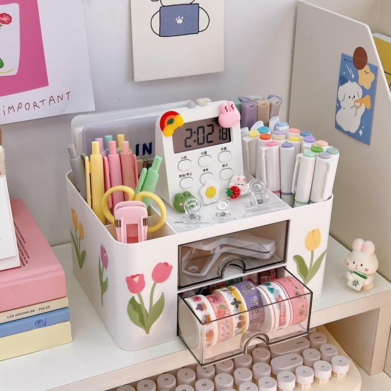 Kawaii Destop Organizer with Sticker Multi-function Lagre Capacity Drawer Stationery Holder Jewelry Hairclip Storage Student