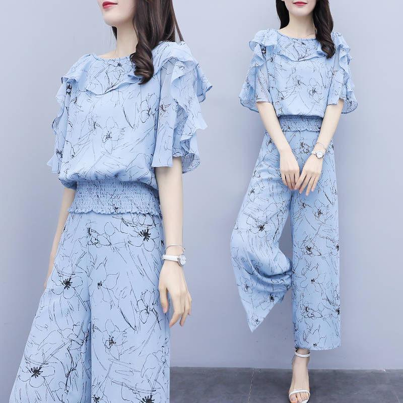 Женский костюм, летние брюки из двух предметов, свободная блузка с цветочным принтом, широкие брюки, повседневный костюм, темпераментный элегантный милый милый шифоновый костюм