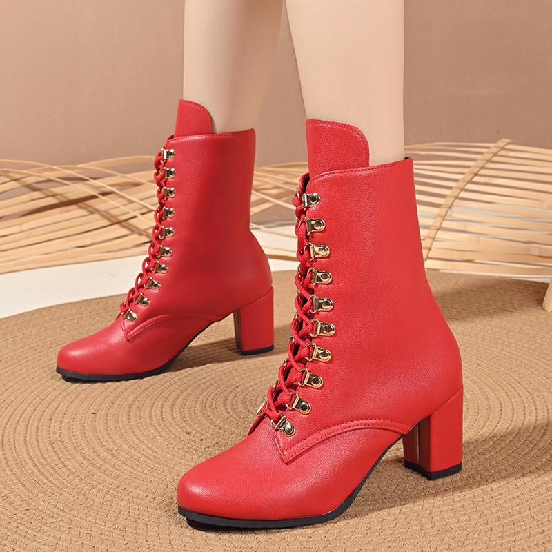 Spring Autumn Ankle Boots for Women Comfortable Platform Botas Women High Heels Lace Up Solid Color Short Knight Boots Big Size