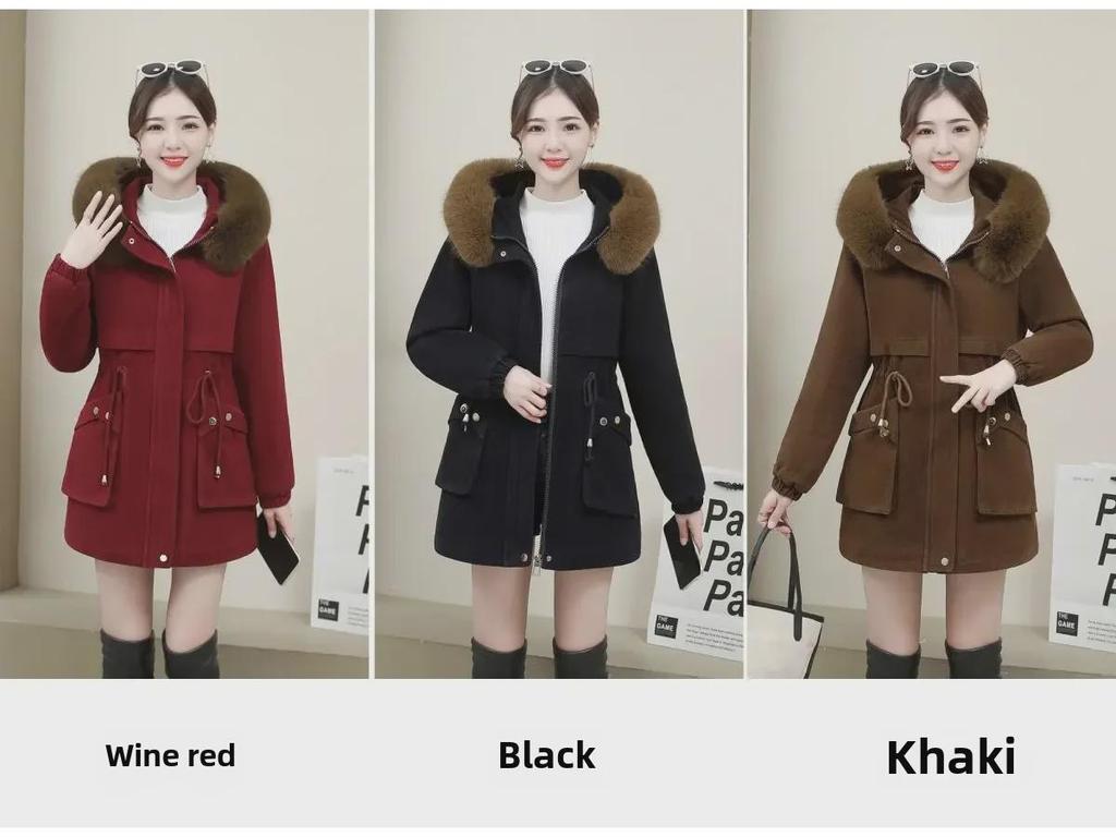 Женское зимнее бархатное пальто 2024 года: Приталенный крой, корейский стиль, меховой воротник, теплый, большой размер, средней длины.