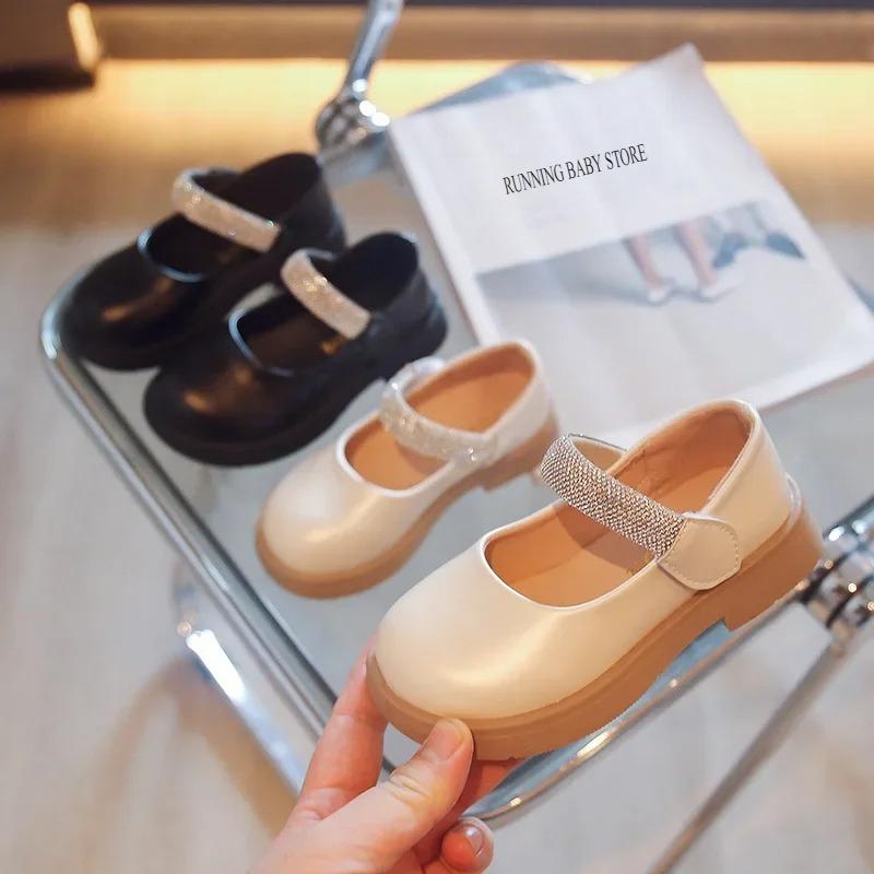 Pure Color Girls Leather Shoes Spring Autumn Simple Princess Rhinestone Mary Janes Platform Heeled Children Shoes Girls I07165