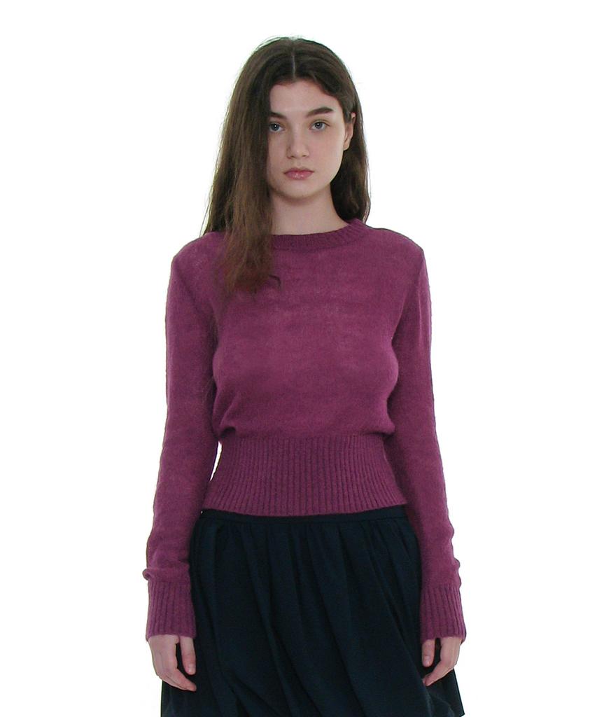PARTIMENTO WOMEN Sheer Wide Rib Knit Crew Neck_Plum