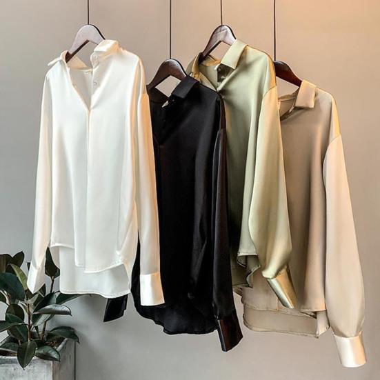 Women Shirt Lapel Long Sleeve Single Breasted Shirt Tops Solid Color Smooth Satin Loose Fit Versatile Shirt