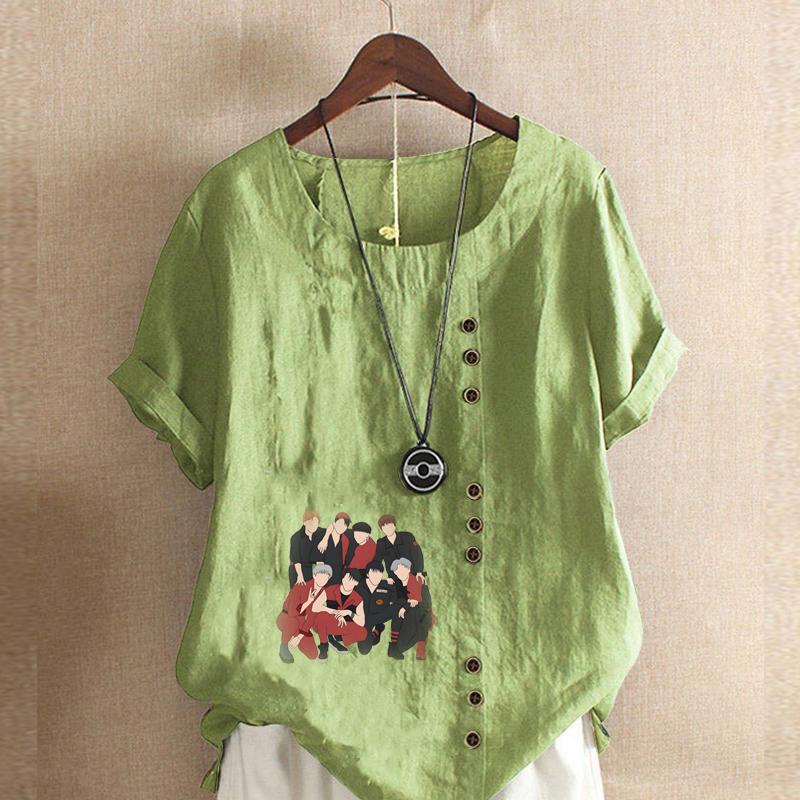 Женская модная футболка с круглым вырезом и коротким рукавом, повседневная хлопковая льняная рубашка с рисунком, свободная мужская летняя блузка с принтом, топы