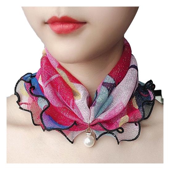 Faux Silk Scarf Lightweight Mesh Soft Shiny Touch Edge-covered Design Scarf with Faux Pearl Decor Neck Decoration