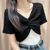 Short Sleeve Hollow Out Crop Top Knot Sun Protection Shawl T Shirt  Vacation