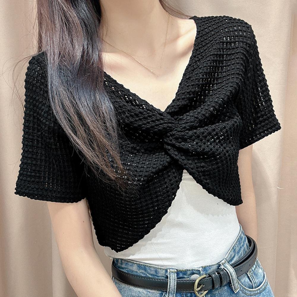 Short Sleeve Hollow Out Crop Top Knot Sun Protection Shawl T Shirt Vacation