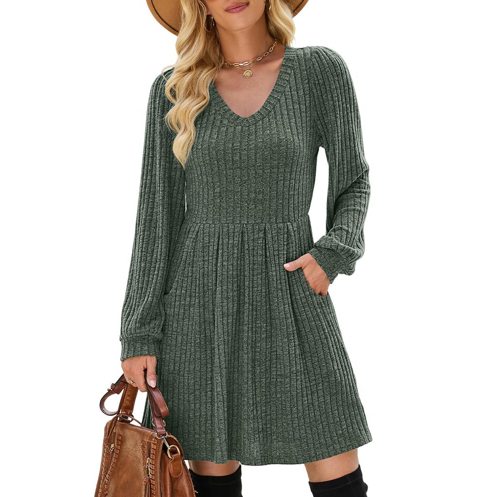 Женское модное повседневное трикотажное платье-свитер с V-образным вырезом, длинными рукавами, карманами и однотонной расцветкой