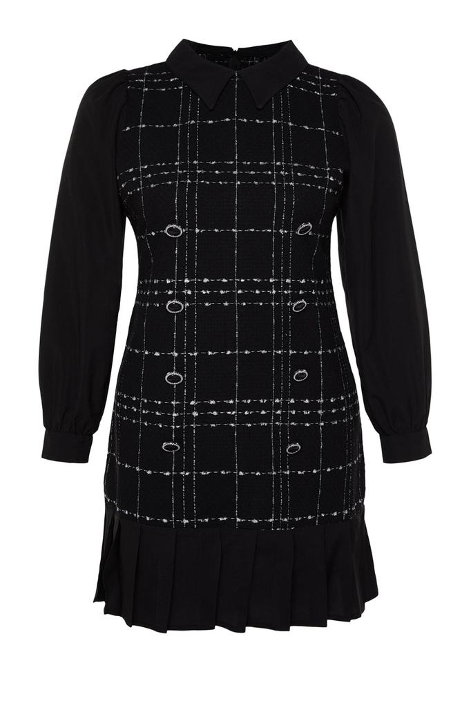 Women's Plus Size Dress Black Shirt Collar Plaid-Checked Mini Tweed Dress