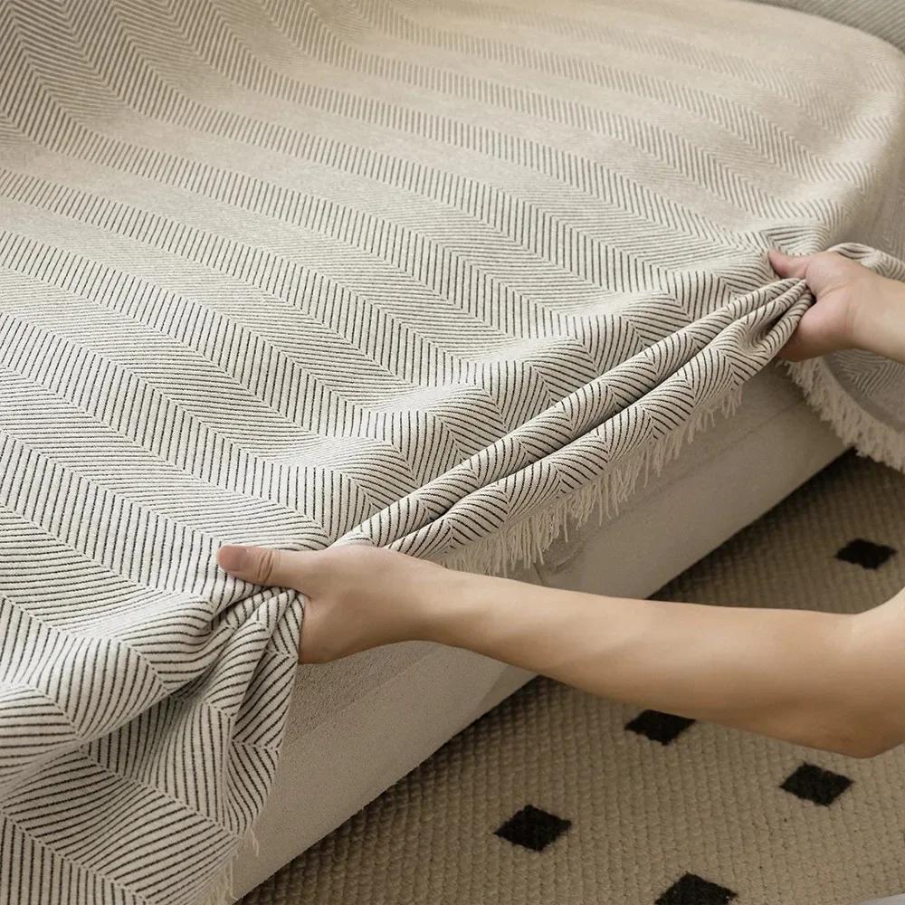 Woven Cotton Sofa Cover Blanket Solid Color Non-slip Sofa Towel for Living Room Furniture Decor Tapestry Couch Cover with Tassel