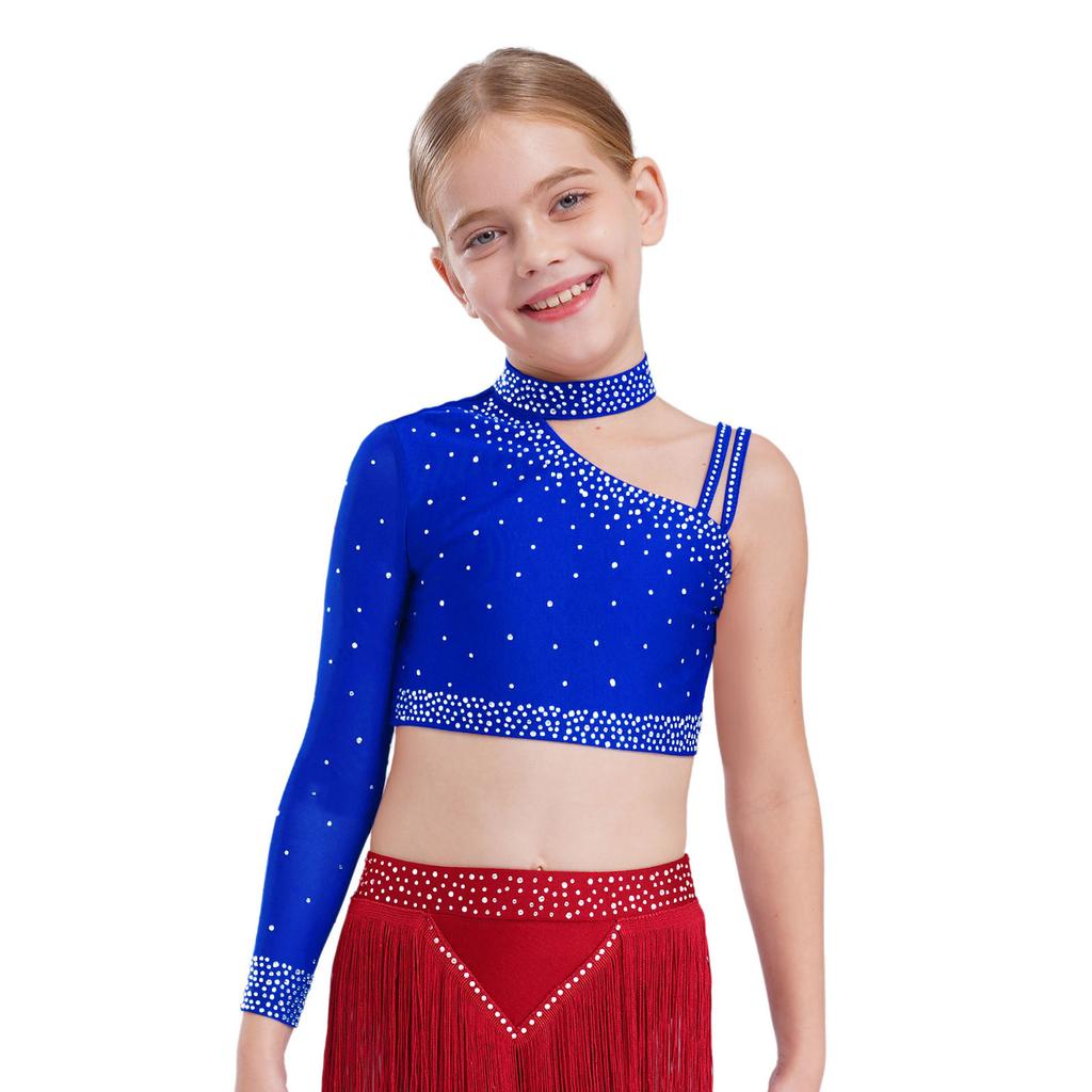 Girls Irregular Shoulder Sparkly Rhinestones Crop Top Dance Performance Stage Costume