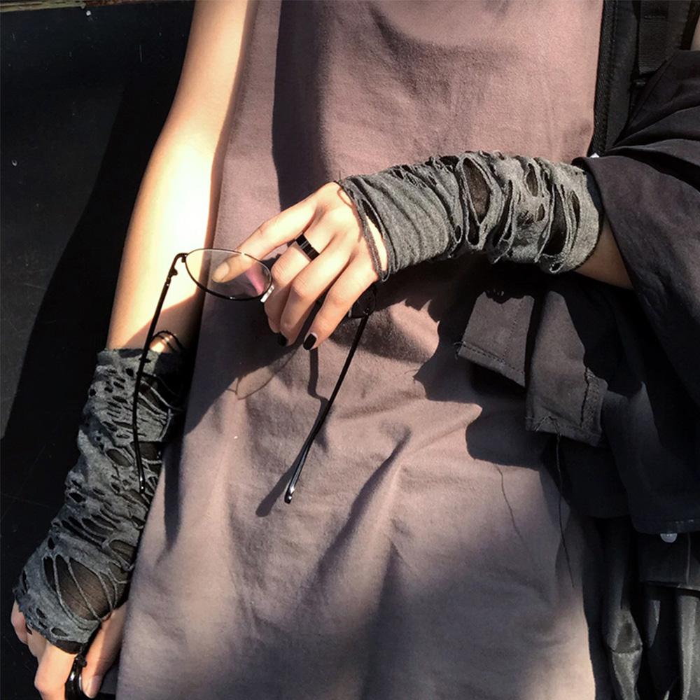Митенки Унисекс Готические Черные С Прорезями и Разрывами Перчатки Без Пальцев Панк Перчатки