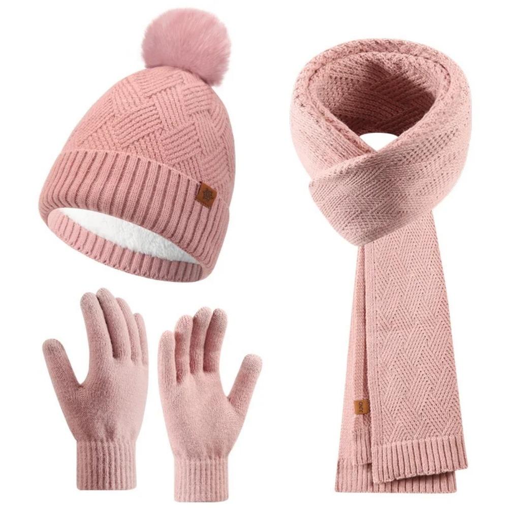 3pcs Wool Hat Scarf Gloves Set Solid Color Winter Beanie Hat Neck Warmer Thermal Knit Cap Winter