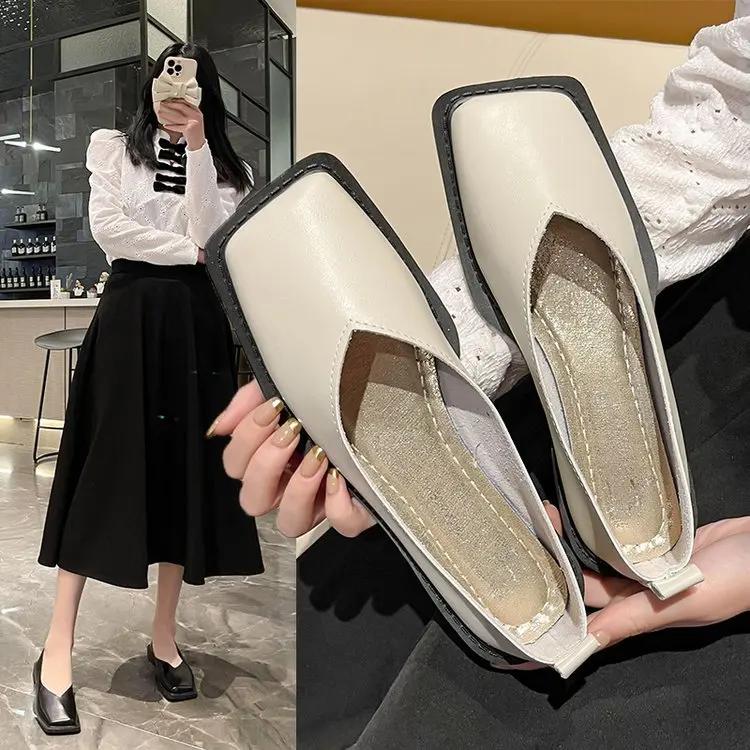 Fashion 2025Flat Shoes Women Square Toe Single Shoes Simple Temperament Leather Shoes Spring Round Toe Heels