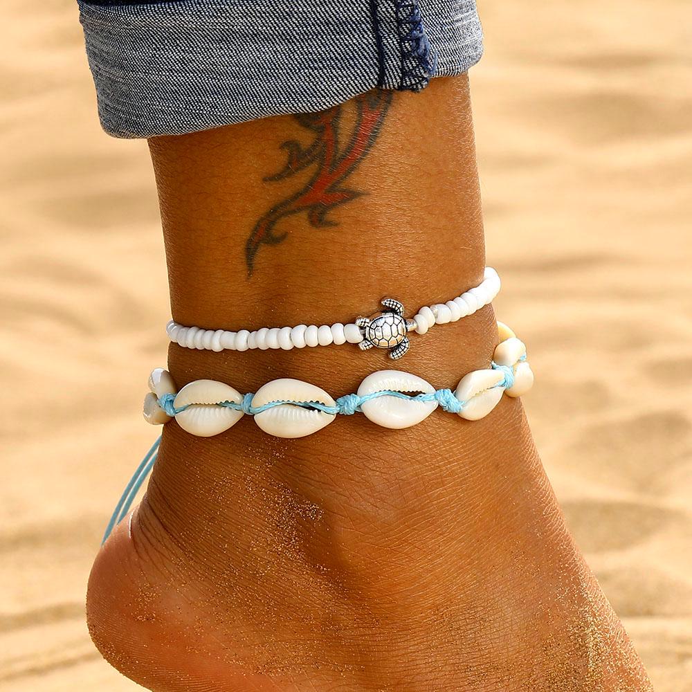 2 Pcs Charm Boho Fashion Turtle Shell Beads Anklets Set for Women Beach Party Jewelry